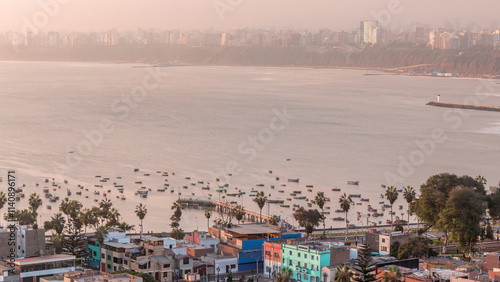 Aerial view of Lima's shoreline with boats including the districts of Barranco and Chorrillos timelapse. Peru photo