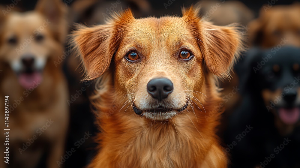 A golden-furred dog stares intently at the camera, flanked by other dogs in soft focus. A golden-furred dog stares intently at the camera, flanked by other dogs in soft focus.
