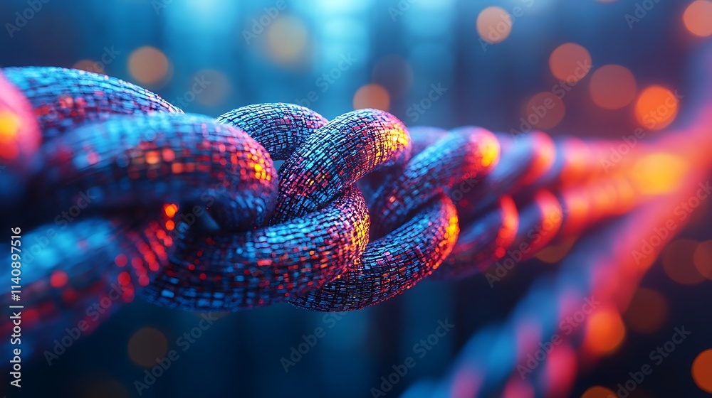 Intricate chain links glowing in vibrant blue and red hues. Intricate chain links glowing in vibrant blue and red hues.