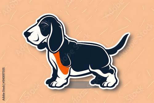 cartoon basset hound, graphic novel style sticker of a curious basset hound with long ears touching the ground, vector image with no outline photo