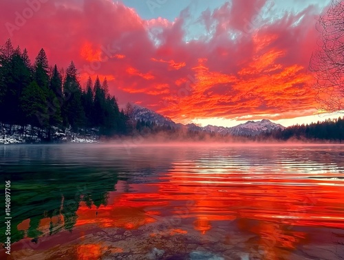 A red sky over a lake with trees and mountains in the background
