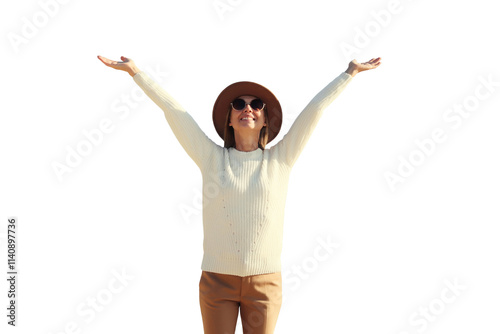 Happy smiling traveler woman, joyful girl enjoying standing isolated on white transparent background