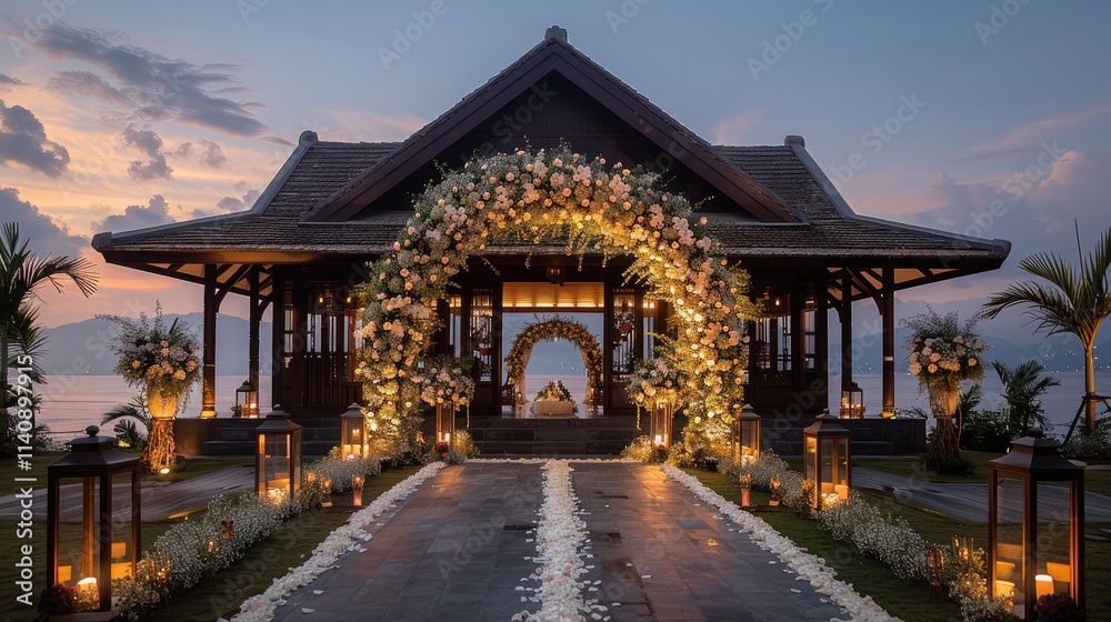 A beautifully decorated wedding venue with floral arch and candles at sunset. A beautifully decorated wedding venue with floral arch and candles at sunset.