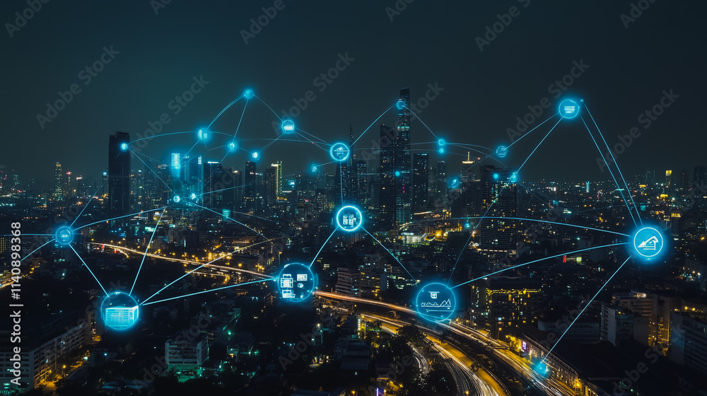 Abstract businesswoman stands on the peak of success Smart digital city with connection cyber security network reciprocity over the cityscape future wireless digital city and social media networking Abstract businesswoman stands on the peak of success Smart digital city with connection cyber security network reciprocity over the cityscape future wireless digital city and social media networking