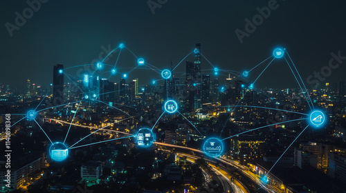 Abstract businesswoman stands on the peak of success Smart digital city with connection cyber security network reciprocity over the cityscape future wireless digital city and social media networking