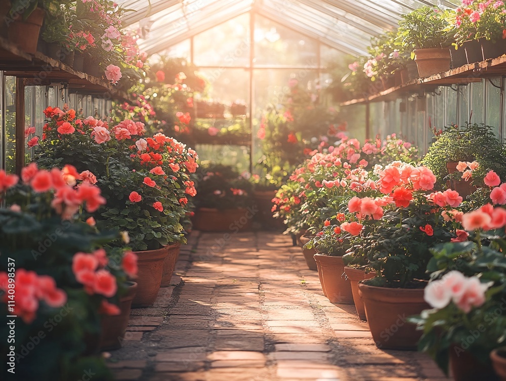 A greenhouse filled with rows of potted pink flowers on a sunny day. A greenhouse filled with rows of potted pink flowers on a sunny day.