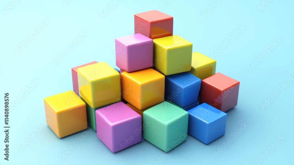 Colorful Stacked Cubes: A vibrant 3D rendering of glossy blocks forming a pyramid shape against a light blue background. A playful image suggesting creativity, building, and design. Colorful Stacked Cubes: A vibrant 3D rendering of glossy blocks forming a pyramid shape against a light blue background. A playful image suggesting creativity, building, and design.