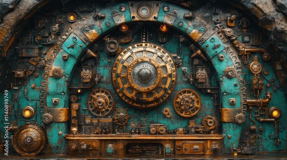 Steampunk-style control panel, intricate gears, aged metal. Steampunk-style control panel, intricate gears, aged metal.