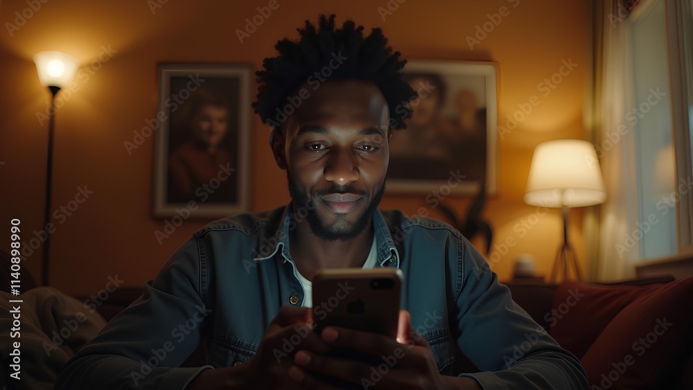 Black African man using, looking, swiping the mobile phone in a living room. Entertainment, gaming, communicating, productivity, working with mobile phone. Black African man using, looking, swiping the mobile phone in a living room. Entertainment, gaming, communicating, productivity, working with mobile phone.