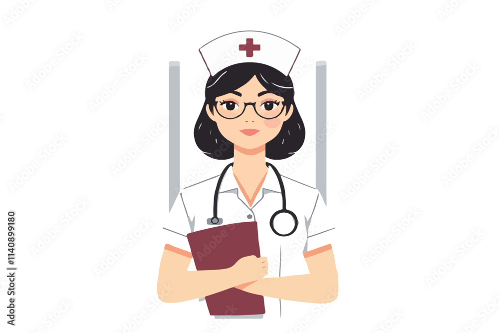 Cheerful Cartoon Nurse with Medical Uniform and Stethoscope