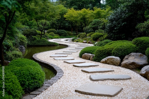 A meandering stone path gracefully winds through a lush, manicured garden alive with vibrant greenery.