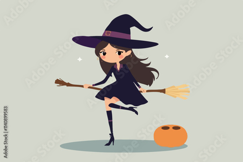 Young Witch Flying on a Broomstick with Pumpkin Pot