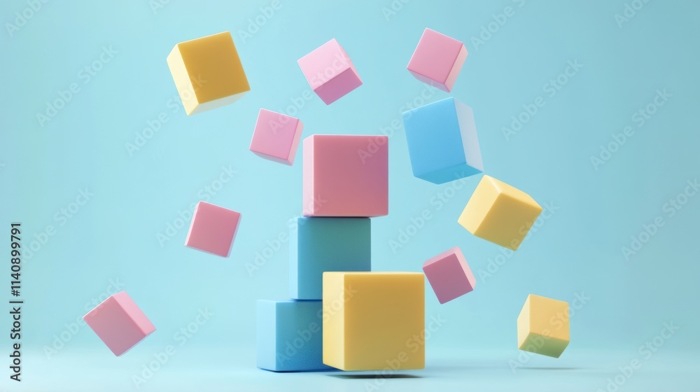 Pastel Cubes in Motion: A Playful 3D Render of Colorful Blocks