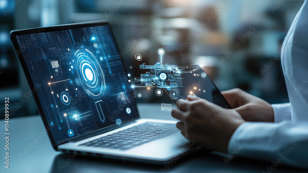 Smart factory Process Automation engineer using laptop for smart factory automation software Smart factory Process Automation engineer using laptop for smart factory automation software