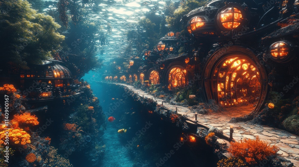 Obraz premium Submerged steampunk city, glowing, coral reefs.