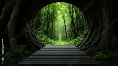 A wooden pathway leads into a tunnel of towering trees, bathed in lush green light, inviting exploration and embodying tranquility and connection with nature.