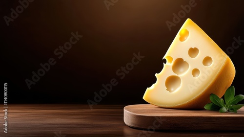 A large slice of Swiss cheese with prominent holes rests on a wooden board, illuminated warmly, highlighting its texture and inviting appearance.