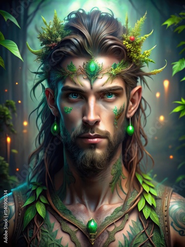 Half Elf Druid Exudes Nature's Power in a Mystical Forest Setting. Generative AI photo