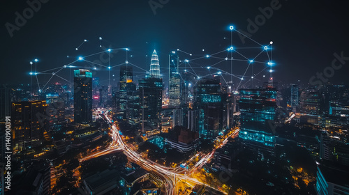 Wallpaper Mural Abstract businesswoman stands on the peak of success Smart digital city with connection cyber security network reciprocity over the cityscape future wireless digital city and social media networking Torontodigital.ca