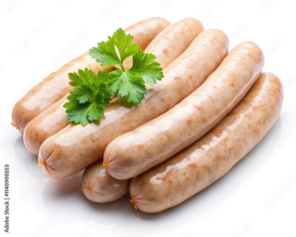 Milk Sausages With Fresh Garnish Isolated on a White Background. Generative AI Milk Sausages With Fresh Garnish Isolated on a White Background. Generative AI