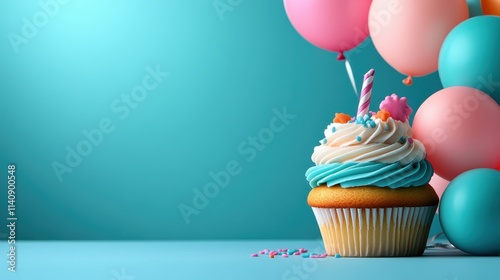 A festive cupcake with swirled icing and candles, surrounded by vibrant balloons, set against a teal backdrop, evoking joy and celebration.