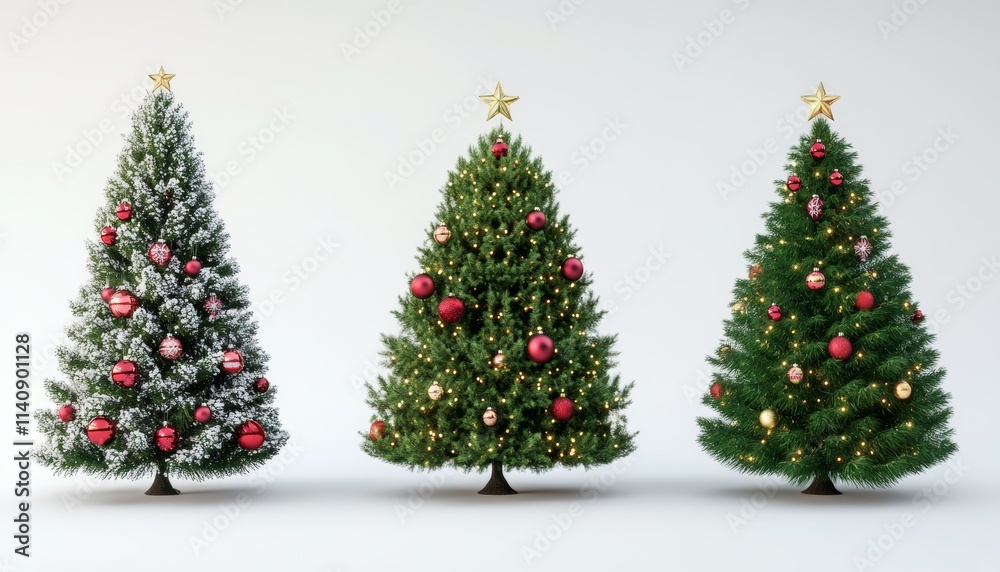 Four Christmas Decorated Trees Isolated on White Background, High Quality Photo for Holiday Decorations and Seasonal Designs Four Christmas Decorated Trees Isolated on White Background, High Quality Photo for Holiday Decorations and Seasonal Designs