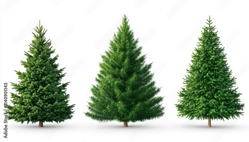 Obraz premium Four Christmas Trees Isolated on White Background, High Quality Photo for Holiday Decorations and Seasonal Designs