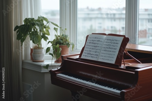 A grand piano adorned with a sheet of music, placed by a sunlit window, surrounded by lush potted plants, inspiring creativity. photo