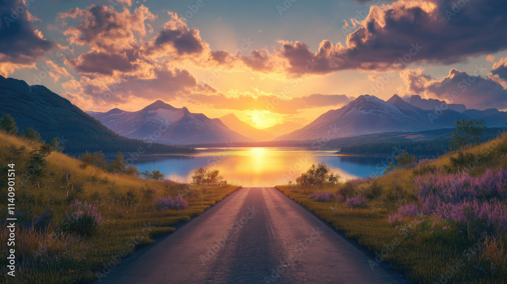 Fototapeta premium The empty road leading to the lake by sunset, adventure-themed, landscape vistas.