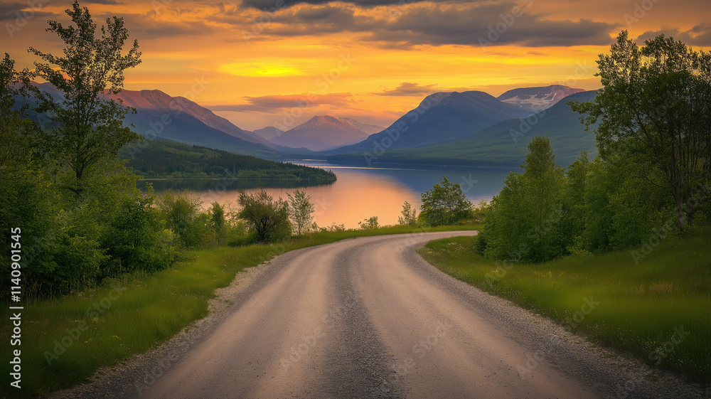 The empty road leading to the lake by sunset, adventure-themed, landscape vistas. The empty road leading to the lake by sunset, adventure-themed, landscape vistas.