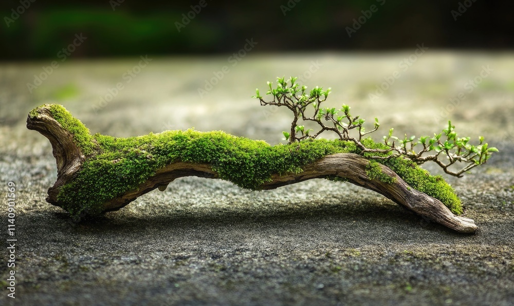 A moss covered branch with a small tree growing out of it A moss covered branch with a small tree growing out of it