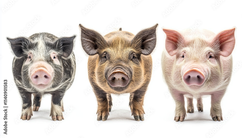 Three Big Pigs Isolated on White Background, High Quality Photo for Children's Book or Farm Animal Theme Three Big Pigs Isolated on White Background, High Quality Photo for Children's Book or Farm Animal Theme