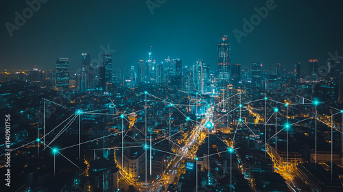 Wallpaper Mural Smart digital city with connection cyber security network reciprocity over the cityscape . future smart wireless digital city and social media networking systems that connects people within the city Torontodigital.ca