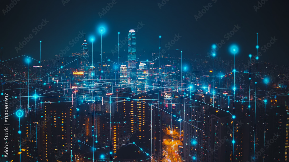 Fototapeta premium Smart digital city with connection cyber security network reciprocity over the cityscape . future smart wireless digital city and social media networking systems that connects people within the city