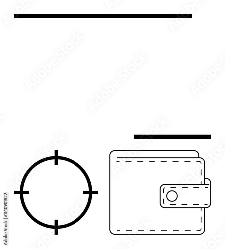 Wallet with a clasp next to a target reticule and horizontal lines symbolizing financial goals. Ideal for business finance, budgeting, financial planning, target savings, investing, economic