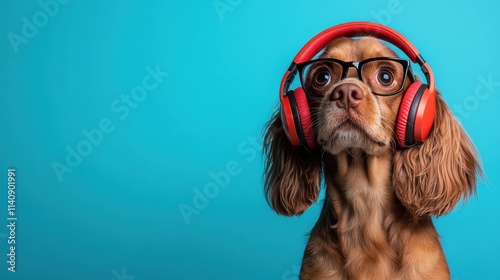 A close-up shot of an adorable brown dog with expressive eyes, wearing striking red headphones and glasses, set against an inviting blue background, showcasing cuteness and intelligence.