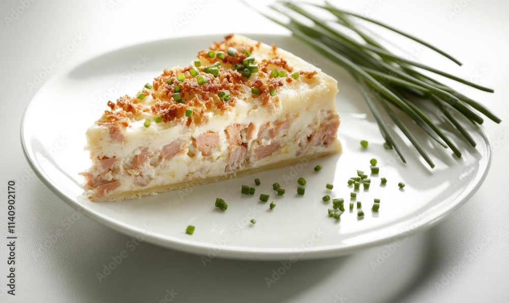 A slice of pie with a garnish of chopped green onions A slice of pie with a garnish of chopped green onions