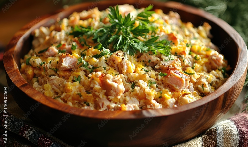 A bowl of food with meat and vegetables