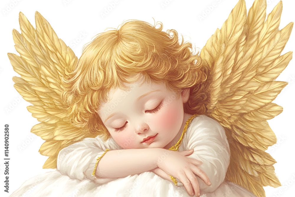 Classic Angelic Cherub Illustration with Golden Wings Classic Angelic Cherub Illustration with Golden Wings
