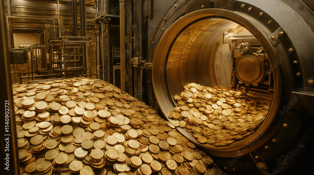 Large Open Bank Vault with Piles of Gold Coins and Bars Large Open Bank Vault with Piles of Gold Coins and Bars