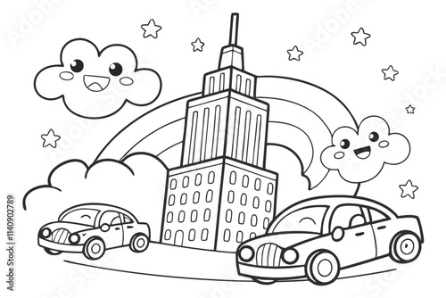 Kawaii City This bustling city-themed coloring page features a smiling skyscraper surrounded by adorable cars, happy clouds, and twinkling lights. Black Color and White Background