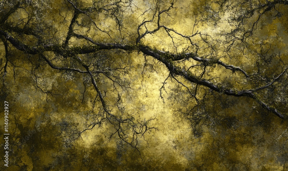 A tree branch with leaves and moss A tree branch with leaves and moss