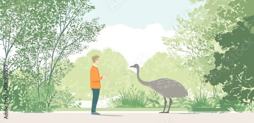 A man and an ostrich walk along a path in a park. The garden includes a tree, a wooden bench, a smiling man, and a friendly rhea. This public area with a meadow and forest is ideal for walking, photo