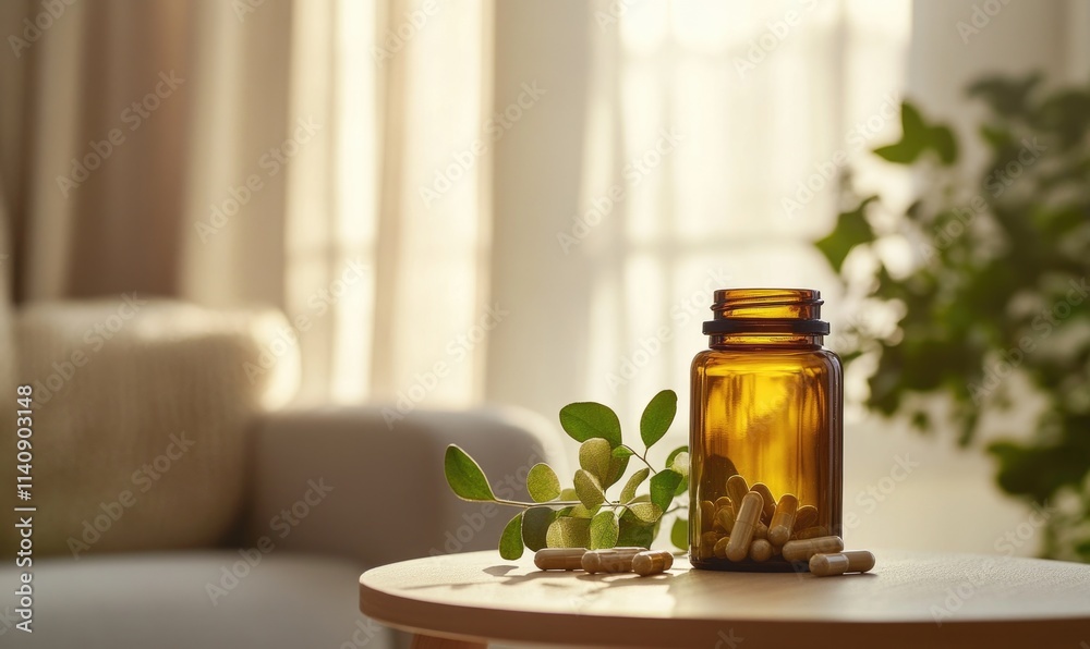 A bottle of pills is on a table next to a leaf A bottle of pills is on a table next to a leaf