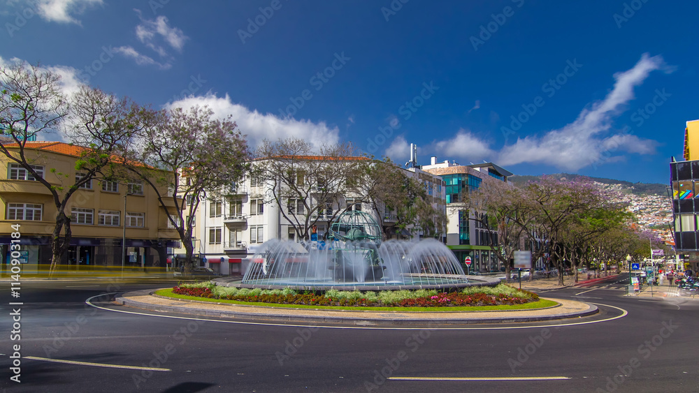 Streets of Funchal town on Madeira and fountain with globe timelapse hyperlapse Streets of Funchal town on Madeira and fountain with globe timelapse hyperlapse
