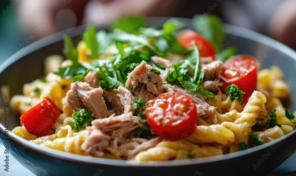 A bowl of pasta with meat and vegetables A bowl of pasta with meat and vegetables