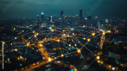 Wallpaper Mural Smart digital city with connection cyber security network reciprocity over the cityscape . future smart wireless digital city and social media networking systems that connects people within the city Torontodigital.ca