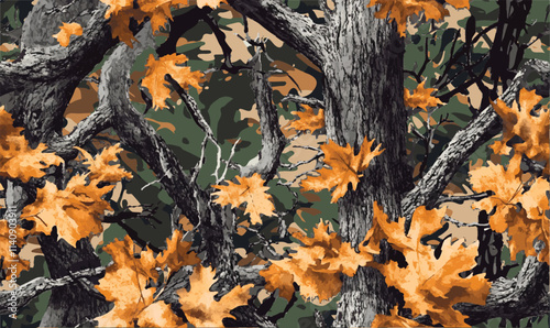 Camouflage seamless pattern. Forest real tree camouflage design. Hunting camouflage.