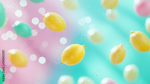  A collection of lemons suspended in mid-air amidst a vibrant backdrop of blue, pink, and yellow with iridescent bubbles