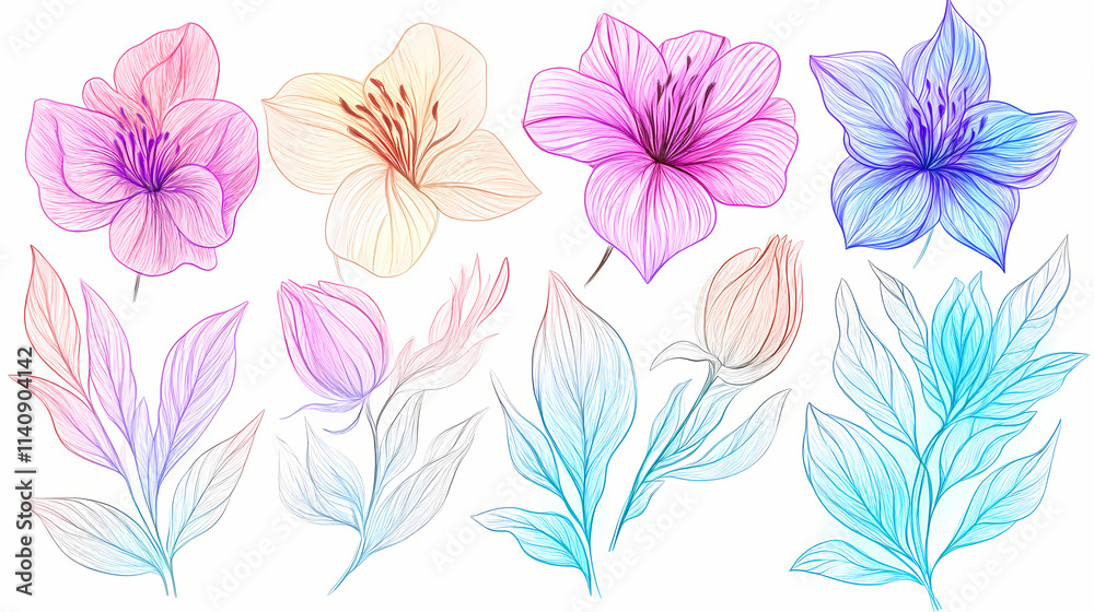 Fototapeta premium Whimsical pastel floral doodles in line art style, available as a png with a clear background. Floral. Illustration
